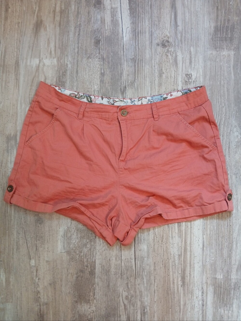 ​mySTYLE Terracotta Orange Cotton Roll Up Cuff Button Tab Shorts Floral Size 12